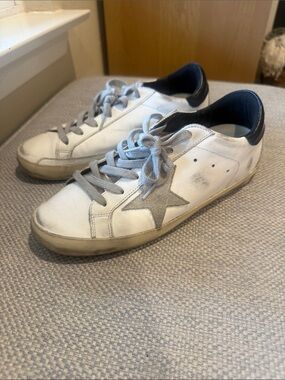 Golden Goose White Leather Sneakers with Gray Star and Black Heel
